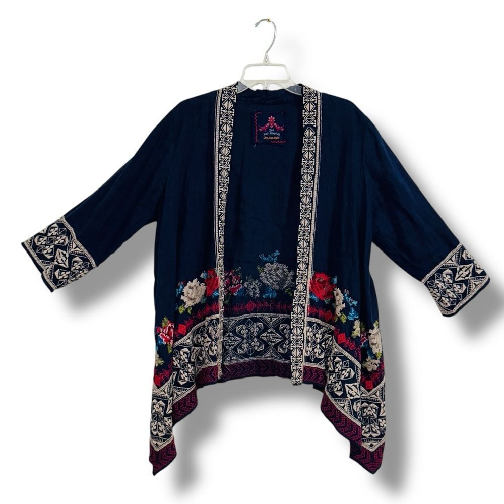 Johnny Was Embroidered Shrug M/L Blue Floral Boho Resort Statement Layer